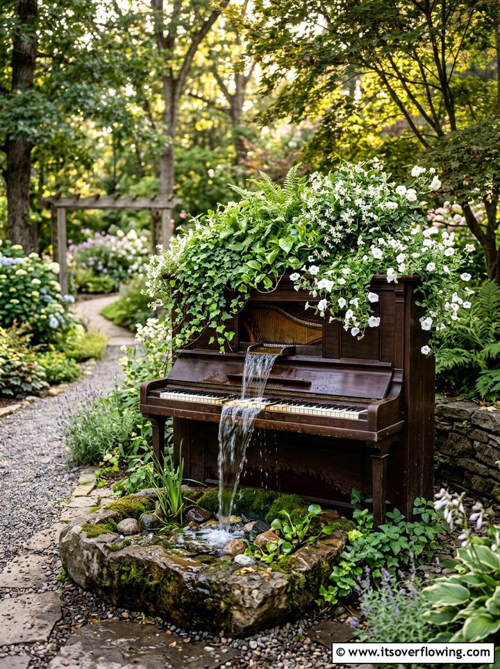 Repurposed Piano Waterfall - 25 backyard ideas with upcycled decor