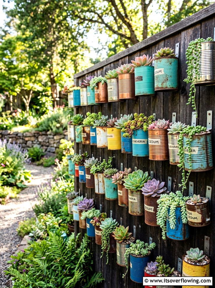 Repurposed Tin Can Wall - 25 upcycled garden ideas with succulent planters