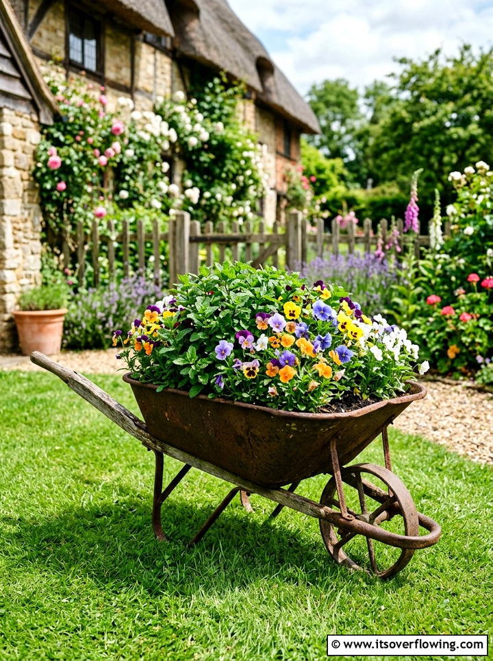 Repurposed Wheelbarrow Garden - 25 garden design ideas with herbs and flowers