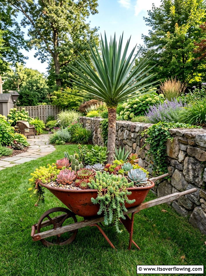 Repurposed Wheelbarrow Succulent Planter - 25 garden decor ideas with succulent displays
