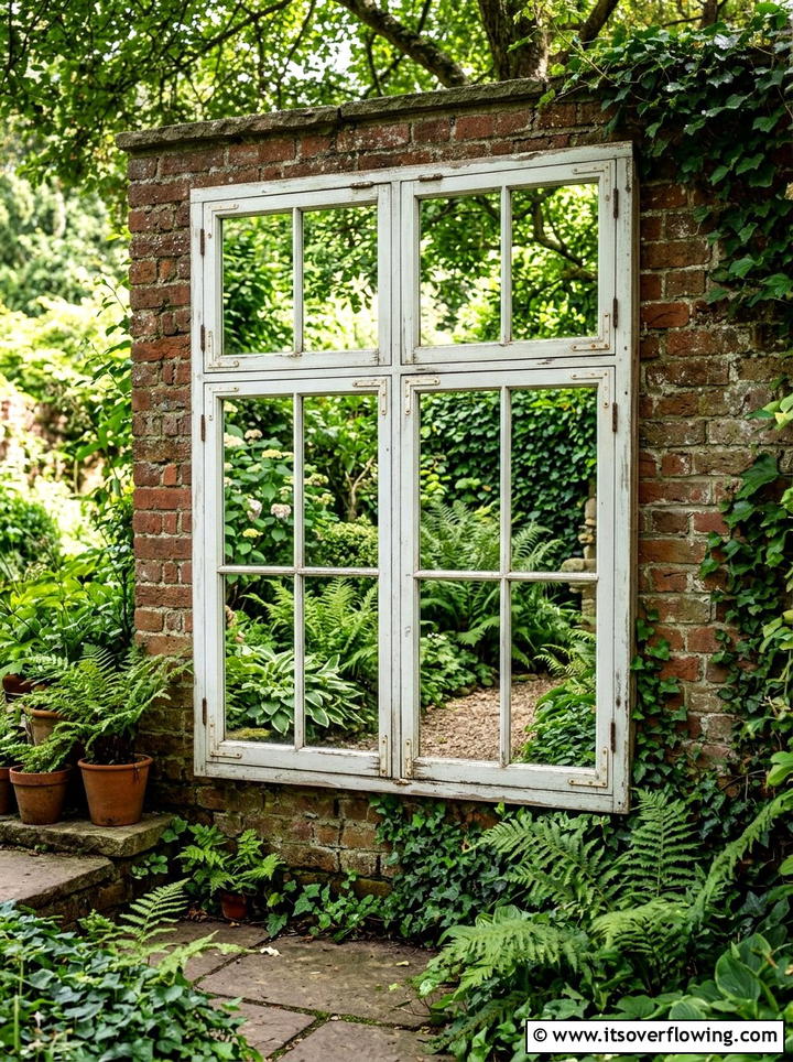 Repurposed Window Frame Mirror - 25 upcycled garden ideas for shaded spaces