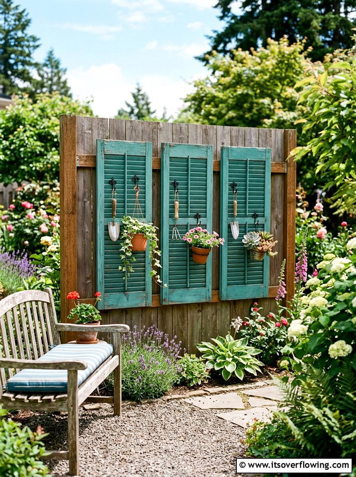 Repurposed Window Shutter Wall Decor - 25 backyard ideas with upcycled decor