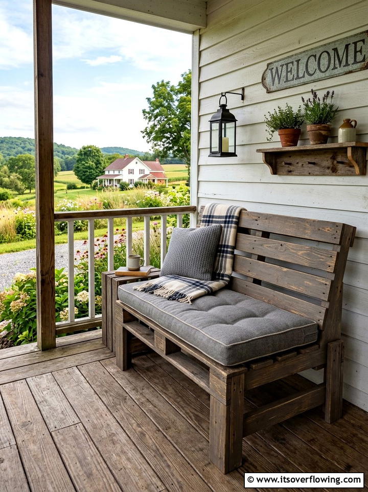 Repurposed Wooden Pallet Bench - 25 front porch decor ideas on a budget