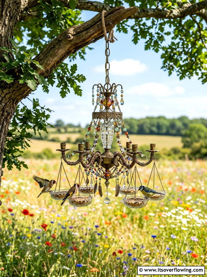 Repurposed chandelier bird feeder - 25 reusing old things ideas for boho garden look