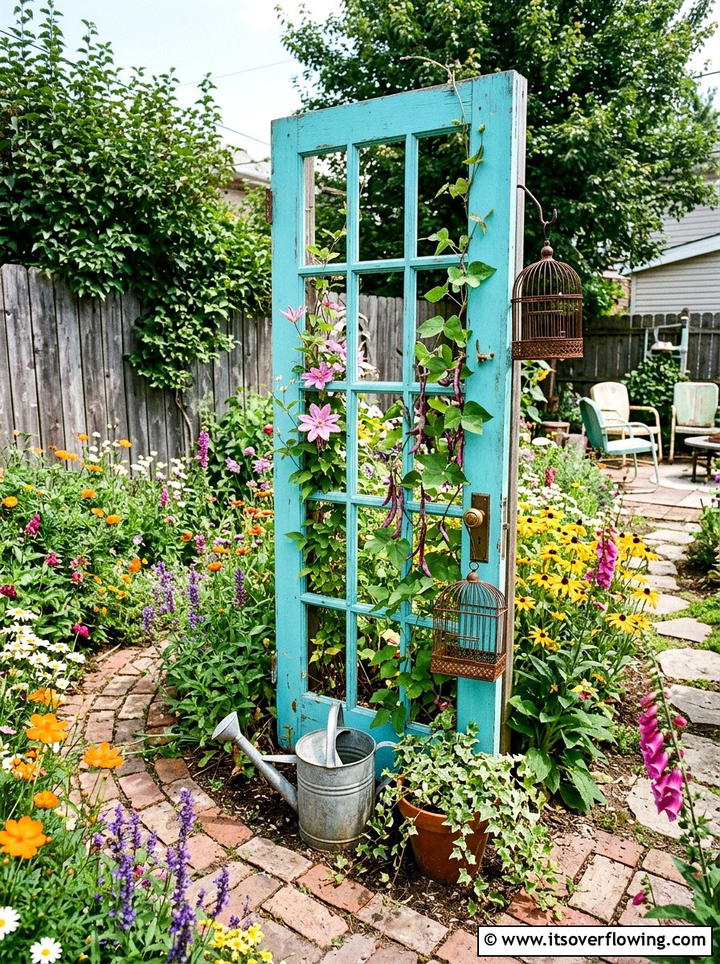 Repurposed door garden trellis - 25 garden decor ideas with trellis backdrops