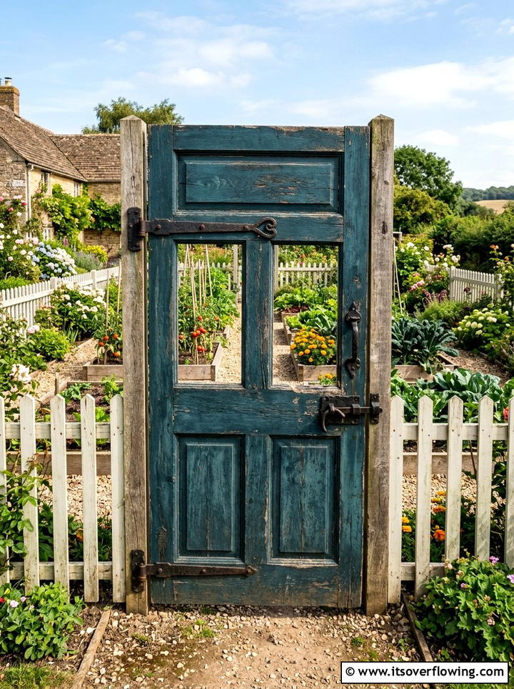 Repurposed door gate - 25 garden decor ideas with old doors