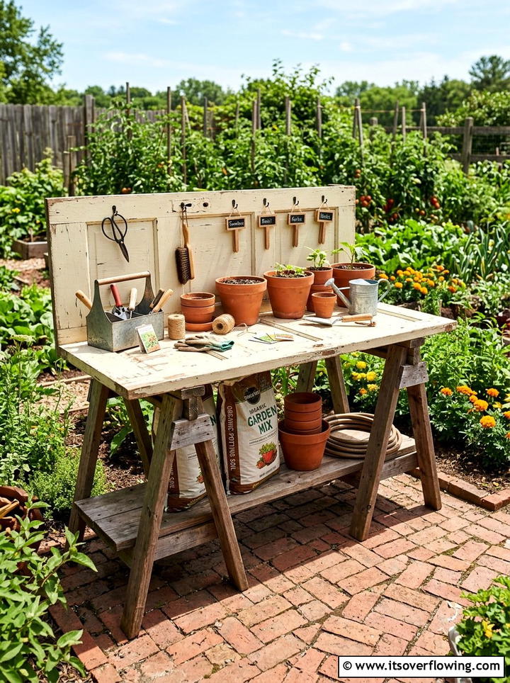Repurposed door potting bench - 25 garden decor ideas with old doors