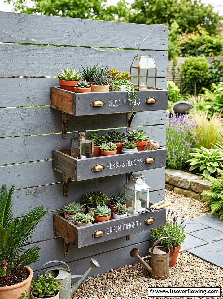 Repurposed drawer garden shelf - 25 reusing old things ideas for garden decor
