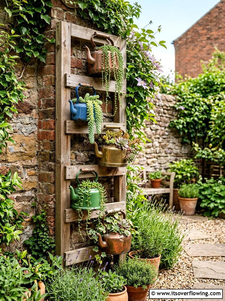 Repurposed kettle vertical garden - 25 upcycled garden ideas with old kettles