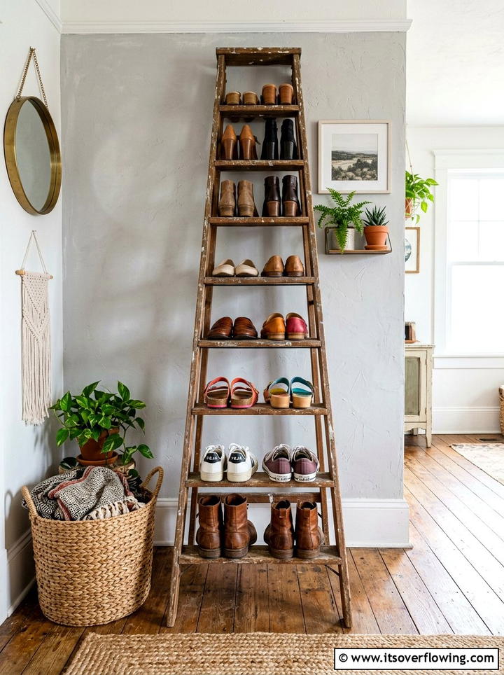 Repurposed ladder for shoe display - 25 front porch ideas with shoe storage