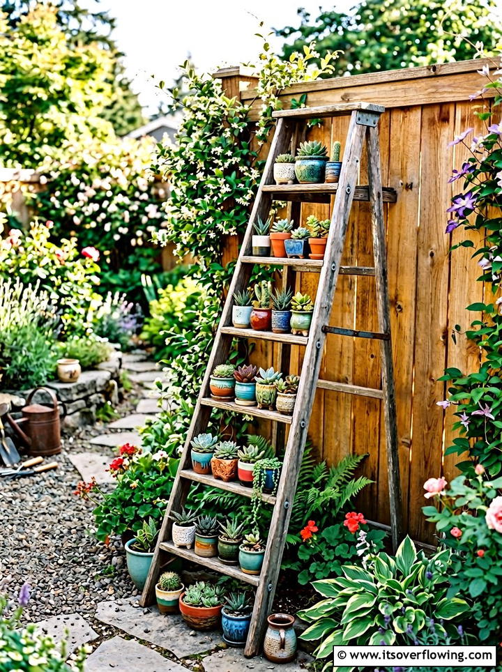 Repurposed ladder plant shelf - 25 backyard decorating ideas with succulent pots