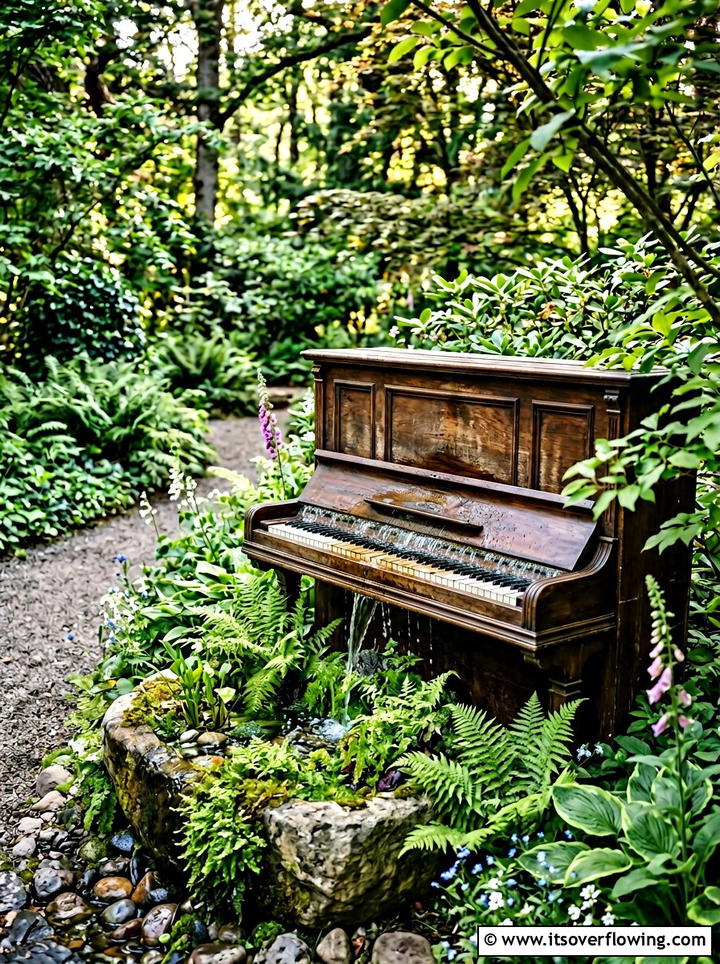 Repurposed piano water fountain - 25 reusing old things ideas for garden decor