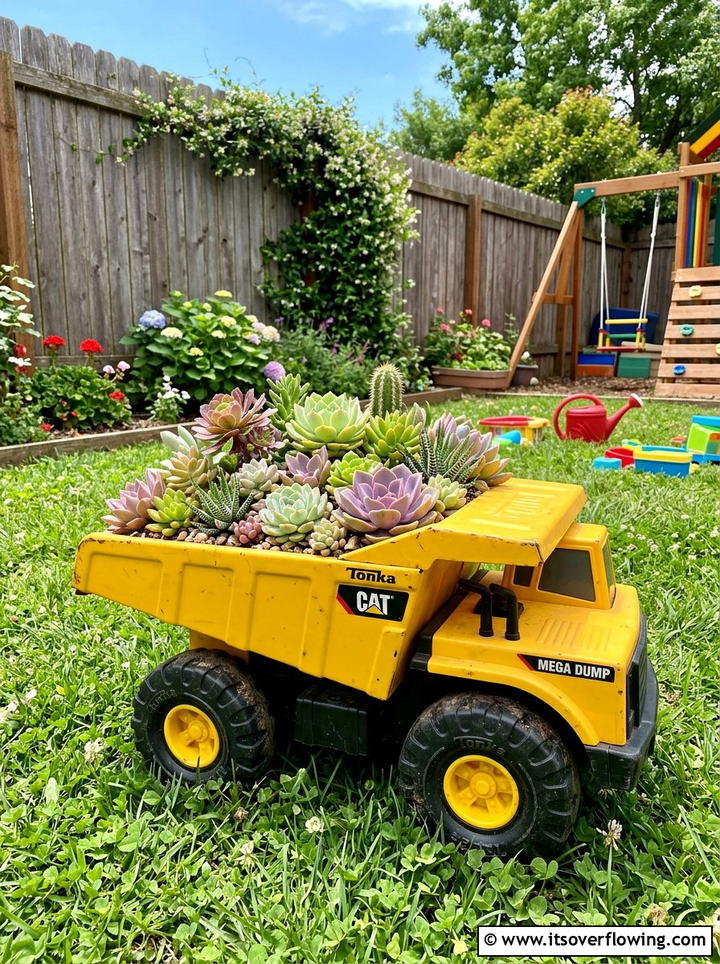 Repurposed plastic toy planter - 25 reusing old things ideas for succulent garden