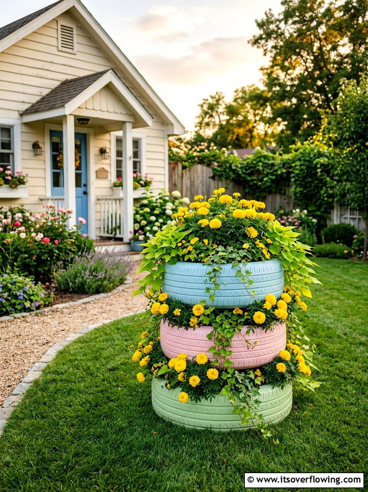 Repurposed tire planter - 25 cheap garden ideas for front yard