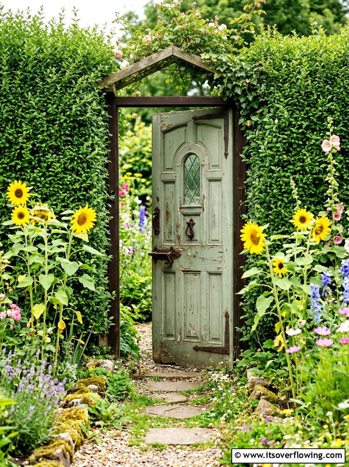 Repurposed vintage door garden entrance - 25 garden decor ideas with gate decorations