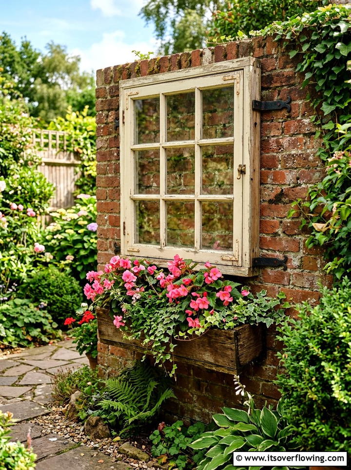 Repurposed window frame - 25 garden decor ideas with floral displays