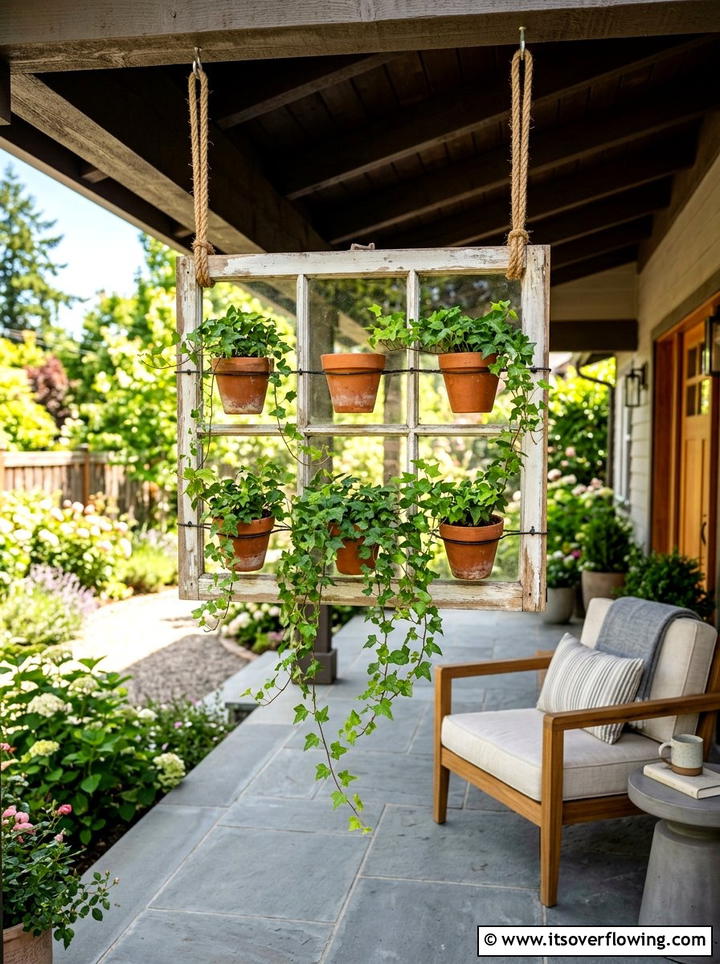 Repurposed window hanging planter - 25 front porch ideas with repurposed windows