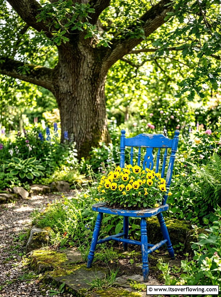 Repurposed wooden chair planter - 25 creative garden ideas with unusual planters