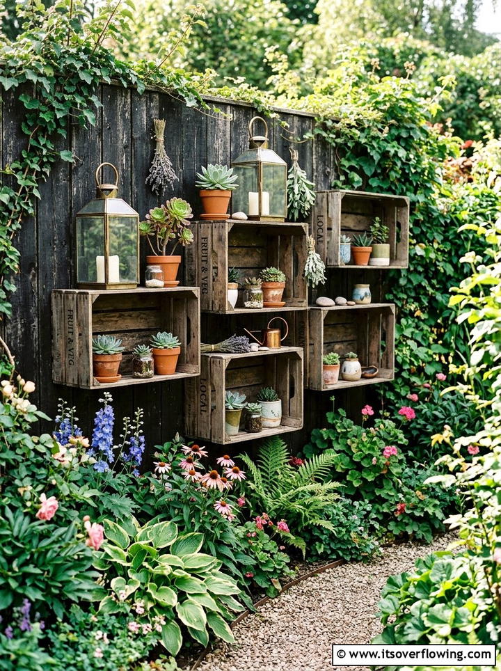 Repurposed wooden crate shelves - 25 reusing old things ideas for boho garden look
