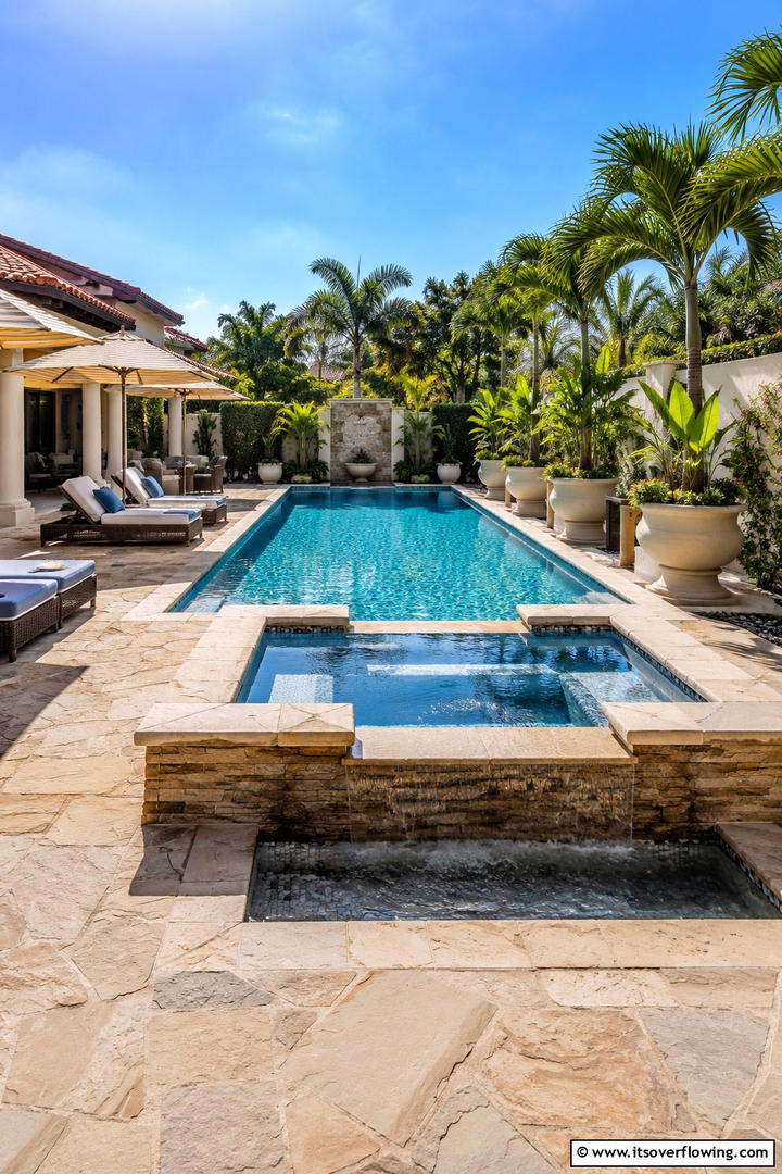 Resort Style Backyard Escape - 30 Rectangle Pool With Hot Tub Designs for Luxury Backyards