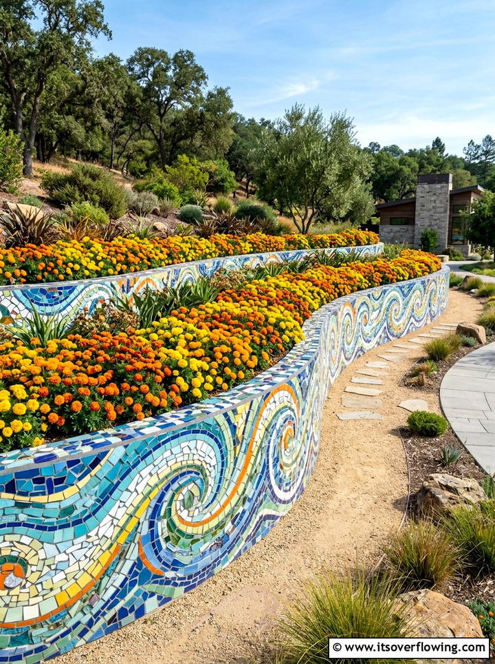 Retaining wall mosaic - 25 recycled garden ideas with leftover tiles