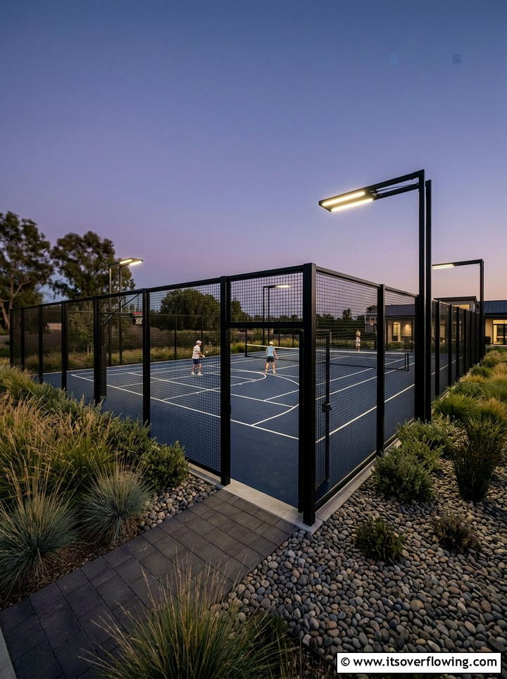 Retractable court lighting - 25 backyard ideas with sports court