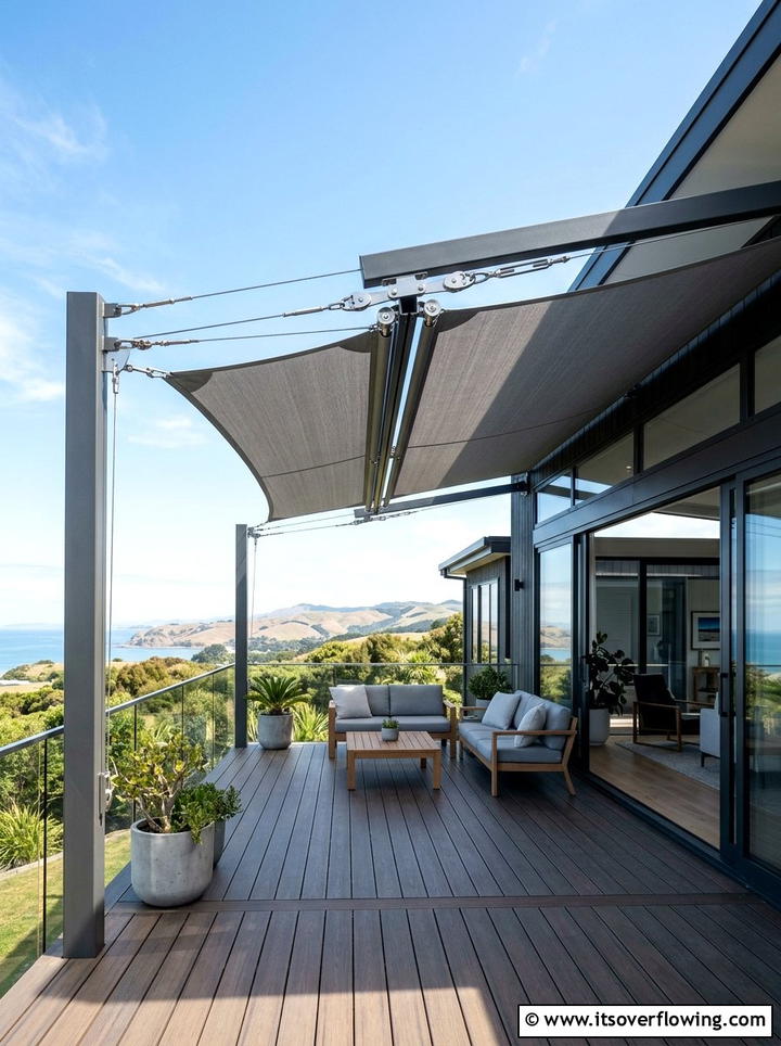 Retractable shade sail system - 25 backyard decorating ideas with shade sail