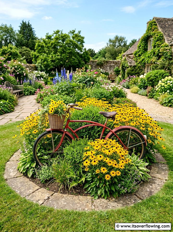 Retro Bicycle Flower Bed - 25 upcycled garden ideas with old bicycles
