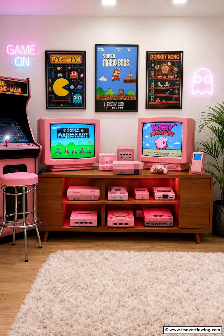 Retro Inspired Pink Console Display - 30 Pink Gaming Setup Ideas for a Vibrant Play Space