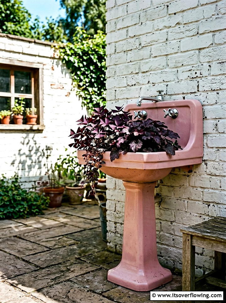 Retro pink bathroom sink planter - 25 upcycled garden ideas with old sinks