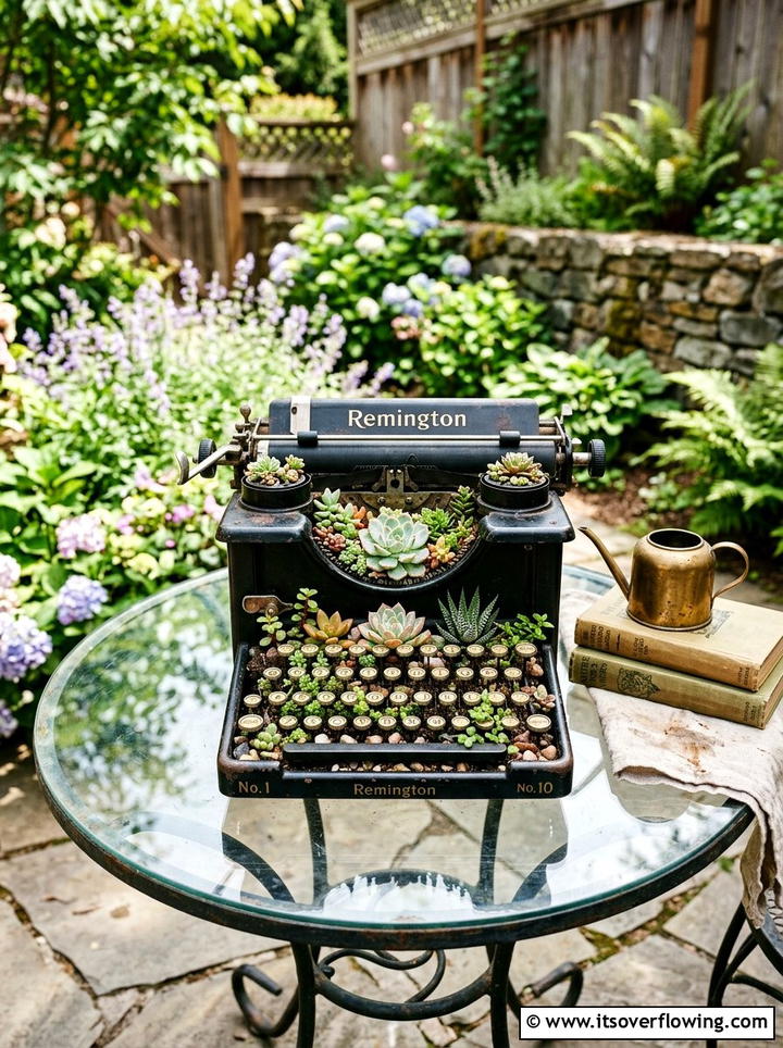 Retro typewriter succulent planter - 25 creative garden ideas with unusual planters