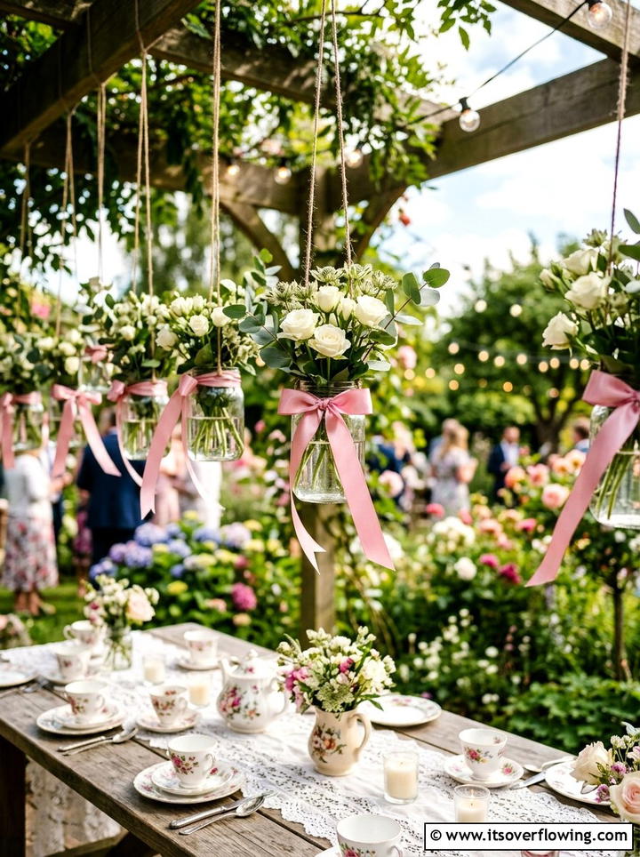 Ribbon Tied Jar Vases - 25 garden decor ideas with hanging jars