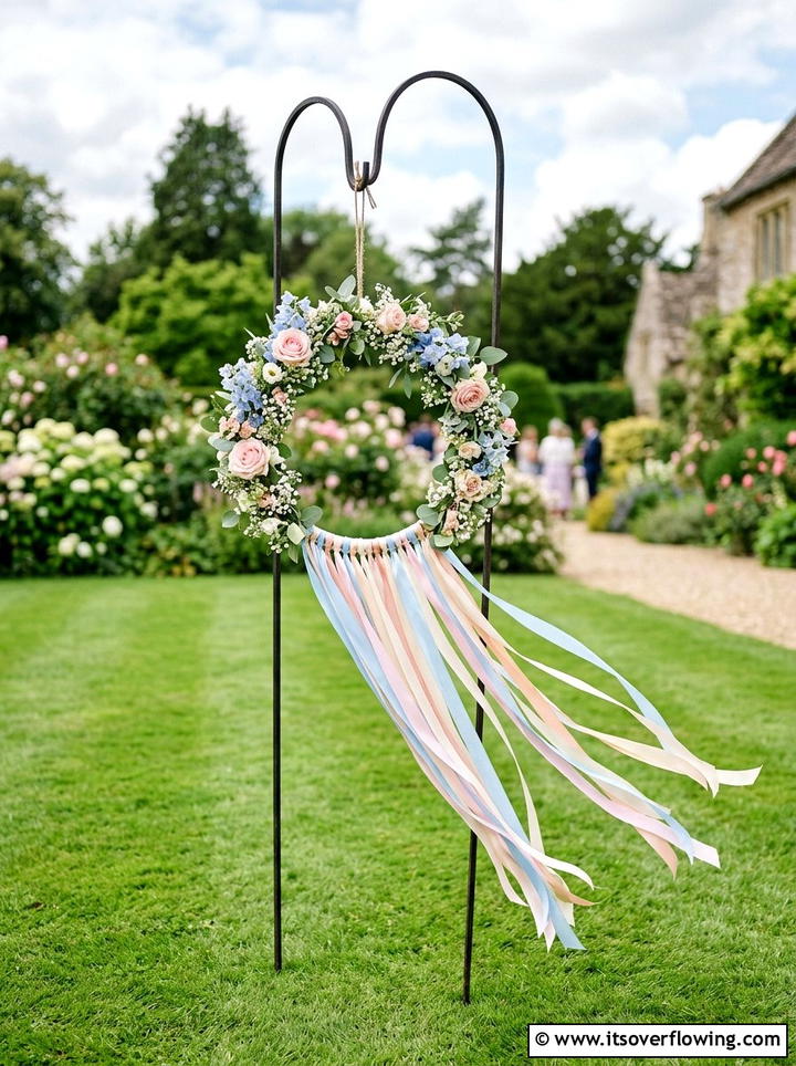 Ribbon stream floral hoop - 25 garden decor ideas with floral hoops
