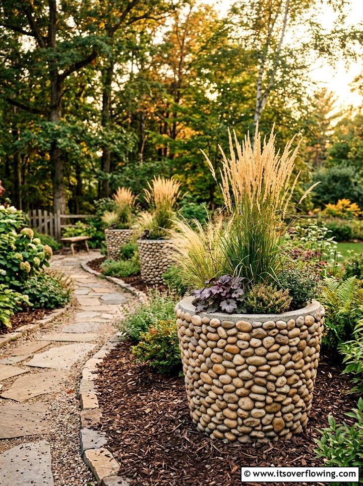 River Stone Outdoor Planters - 25 creative garden ideas with mosaic planters