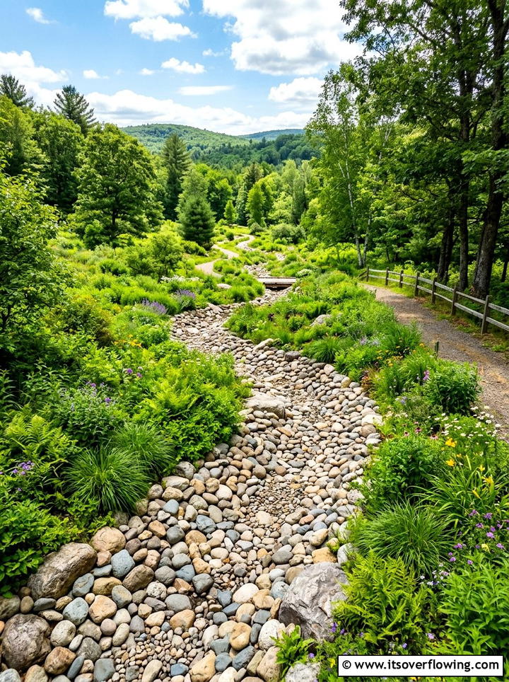River rock drainage stream - 25 upcycled garden ideas with stones