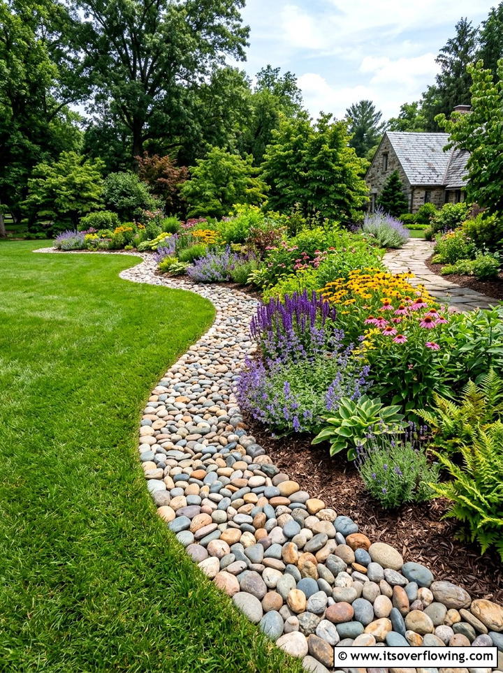 River rock garden border - 25 garden decor ideas with rustic accents