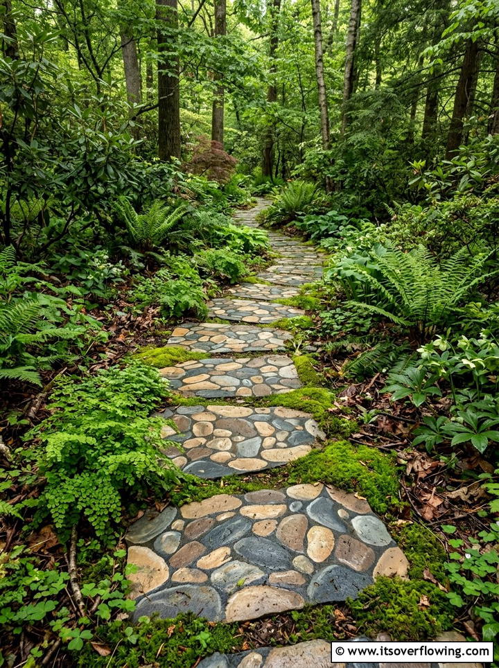 River stone mosaic walkway - 25 creative garden ideas with painted stepping stones
