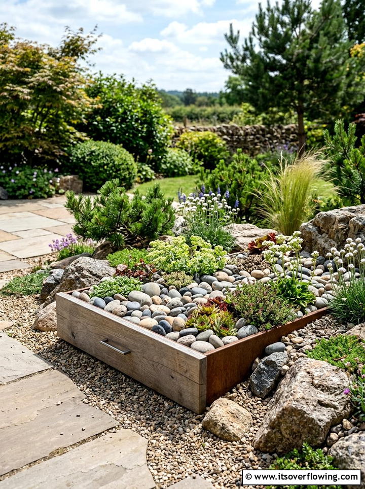 Rock Garden Feature - 25 upcycled garden ideas with old drawers