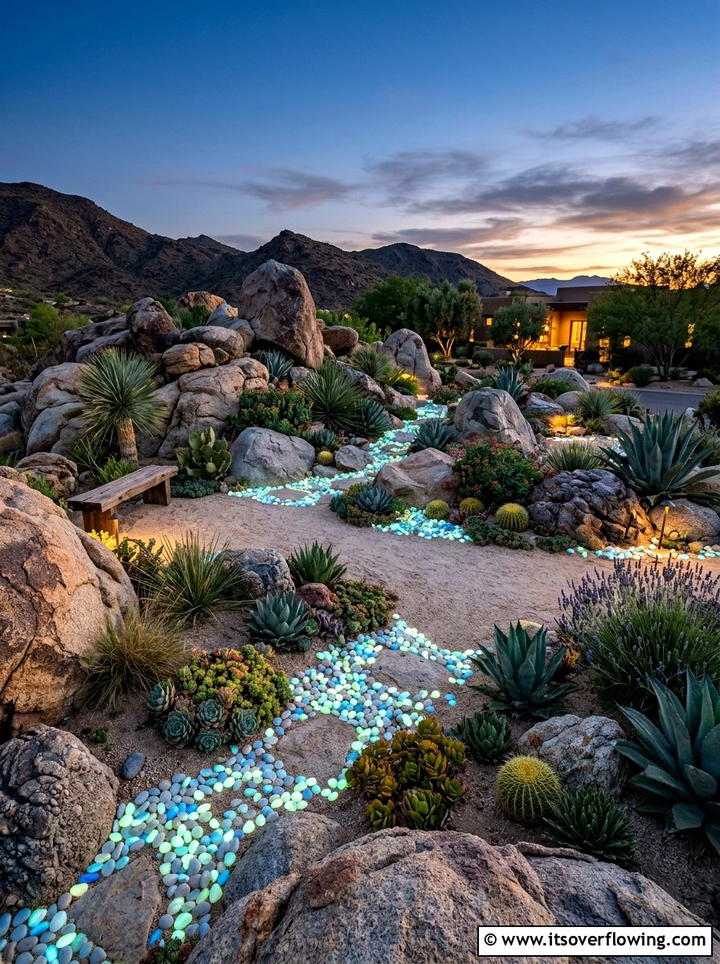 Rock Garden Glowing Highlights - 25 creative garden ideas with glow in the dark stones
