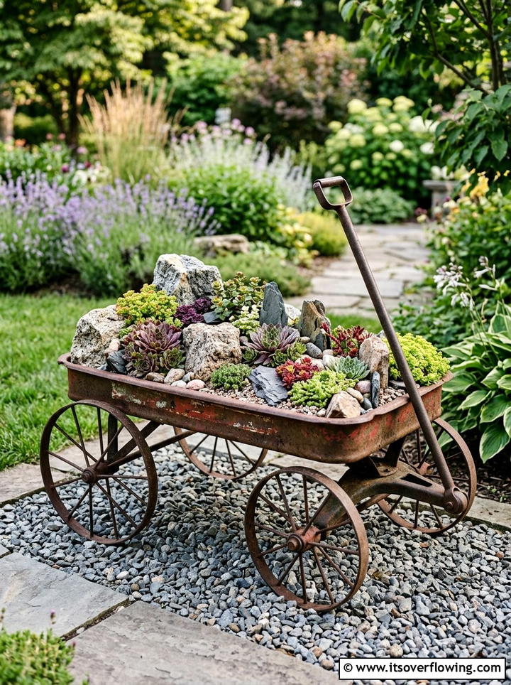 Rock Garden Inside Metal Wagon - 25 upcycled garden ideas with old wagons