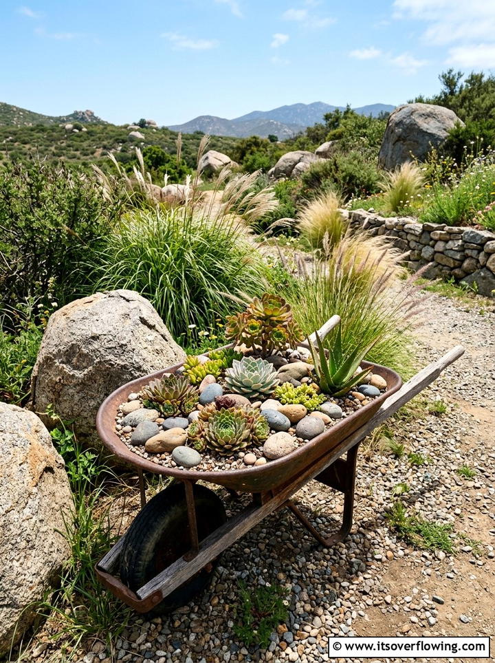 Rock Garden Wheelbarrow - 25 backyard ideas with wheelbarrow planter