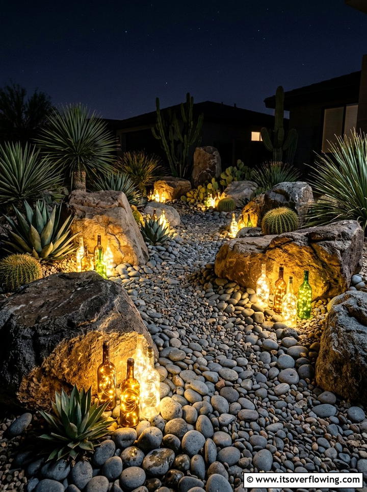 Rock garden bottle accent - 25 garden decor ideas with bottle lights