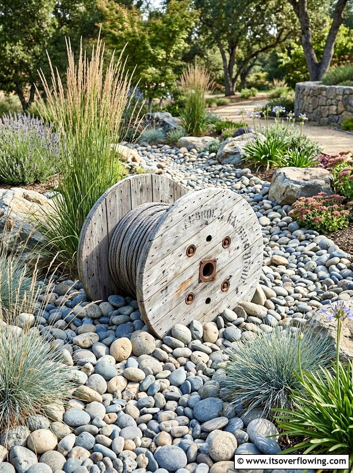 Rock garden centerpiece - 25 recycled garden ideas with cable spools