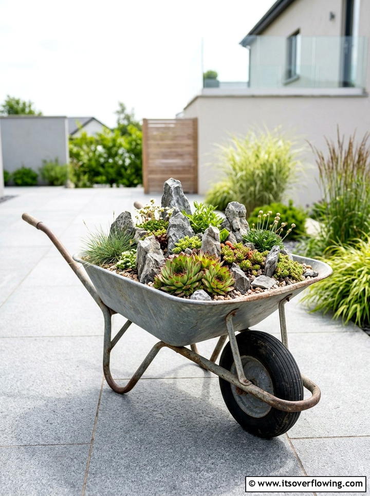 Rock garden wheelbarrow - 25 upcycled garden ideas with old wheelbarrows