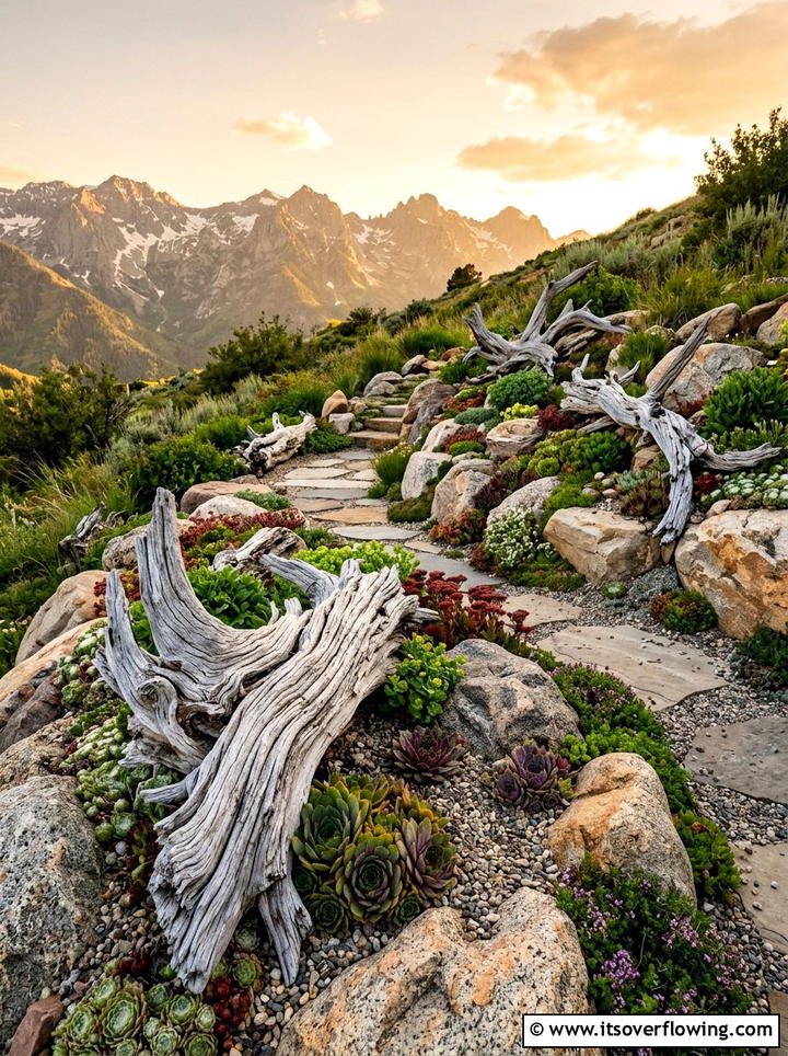 Rock garden with silver driftwood - 25 garden ideas with driftwood sculptures