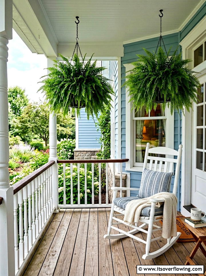 Rocking Chair And Potted Fern Combination - 25 front porch decor ideas with asymmetrical layout