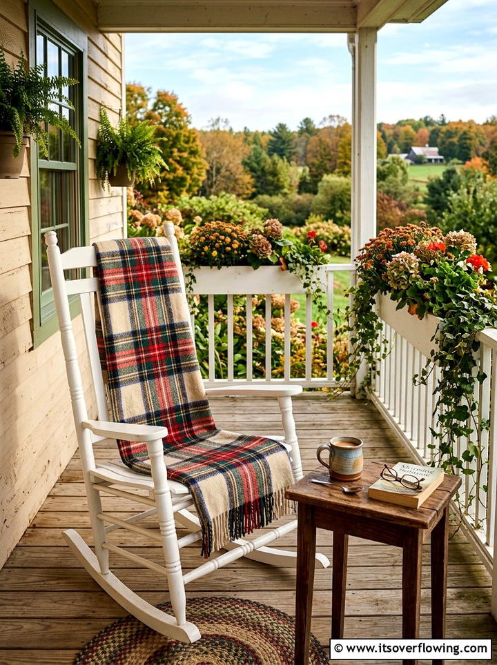 Rocking Chair With Plaid Throw - 25 front porch ideas with fall decor