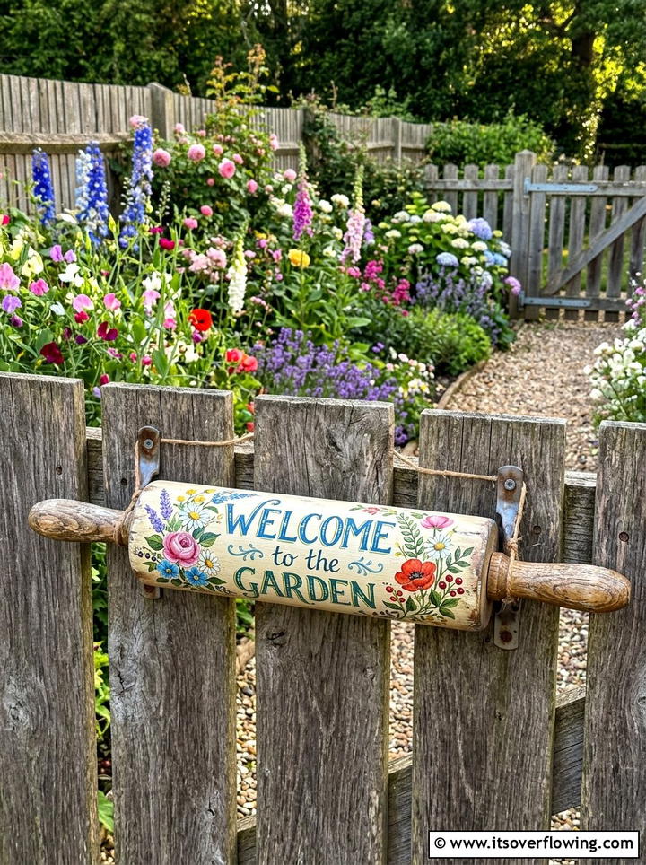 Rolling Pin Garden Sign - 25 recycled garden ideas with old kitchenware