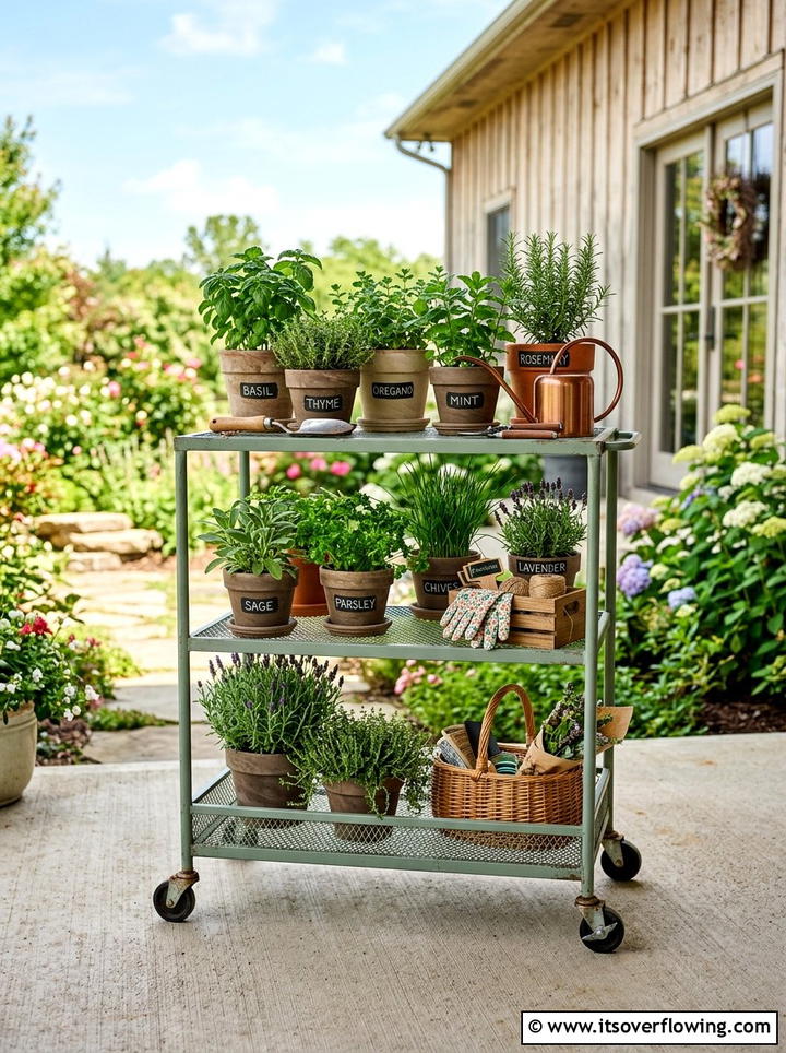 Rolling herb cart - 25 front porch ideas with herb planters