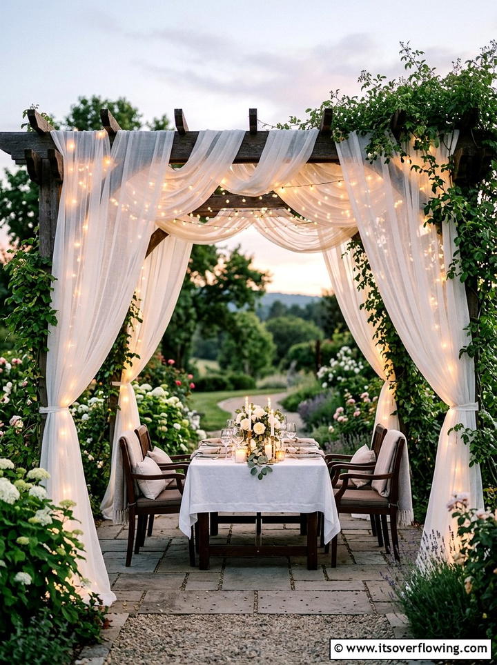 Romantic Pergola Sheer Fabric Lights - 25 backyard decorating ideas with pergola string lights